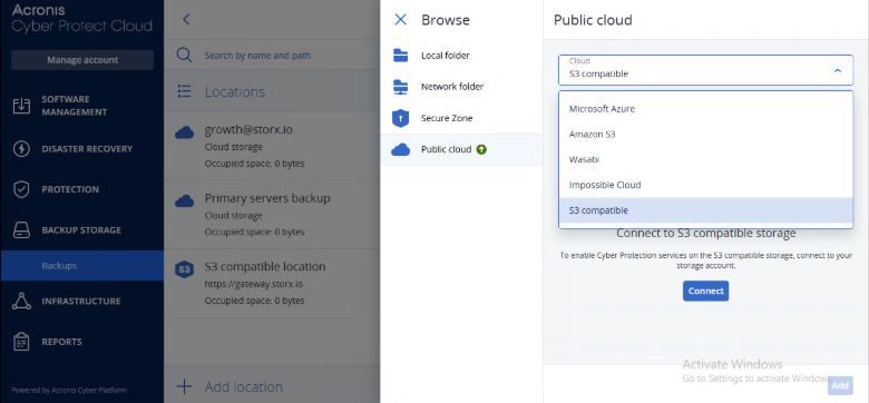 Acronis step 2: Select S3 compatible