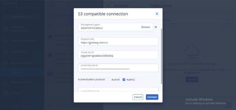 Acronis step 3: Enter credentials