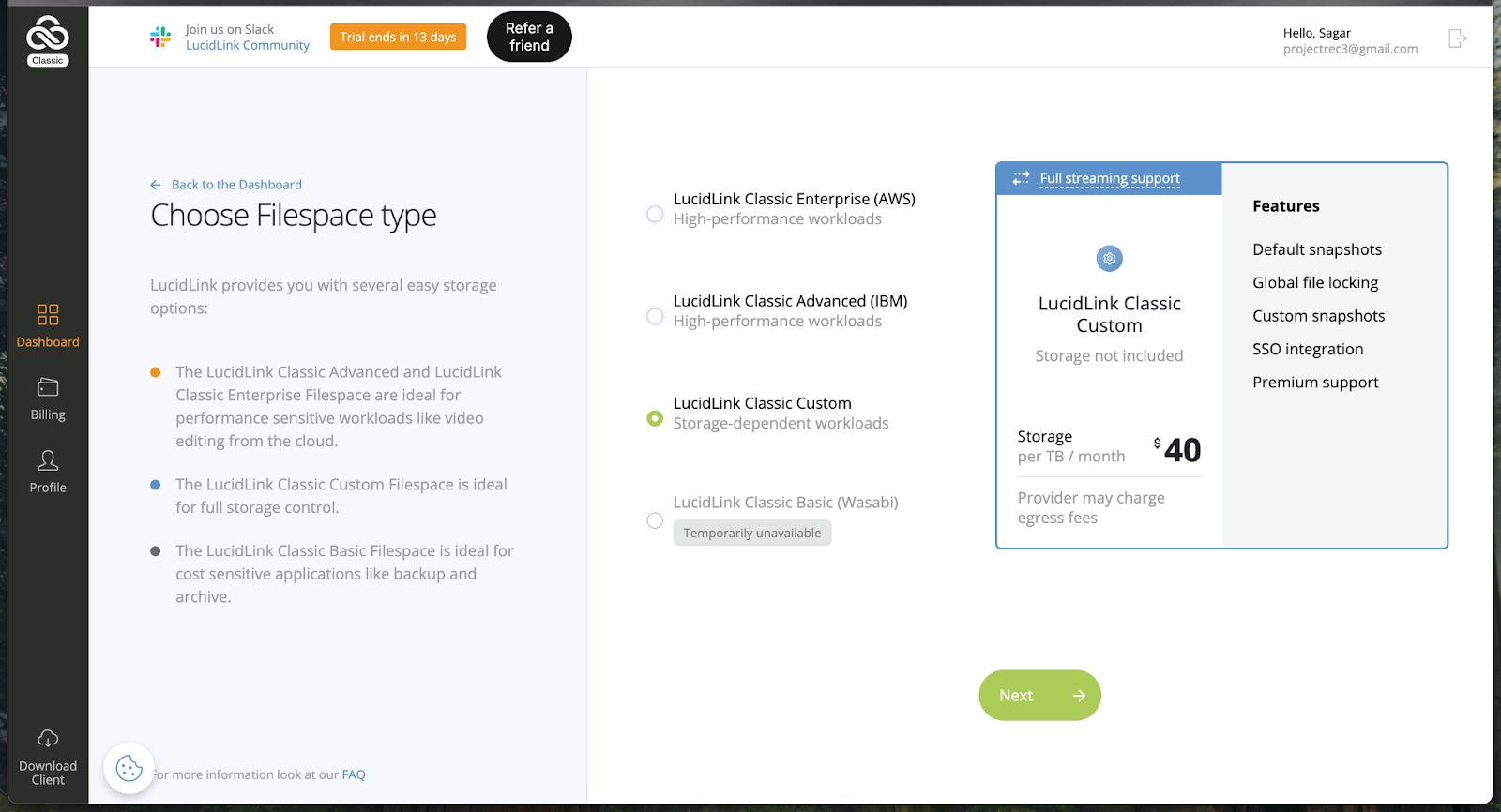 Select filespace type