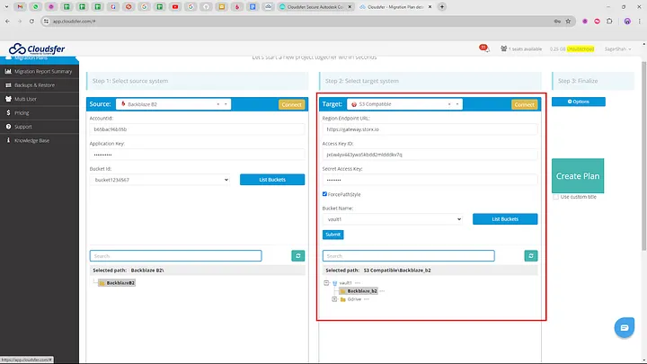 Enter Backblaze credentials