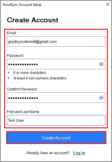 GoodSync account creation