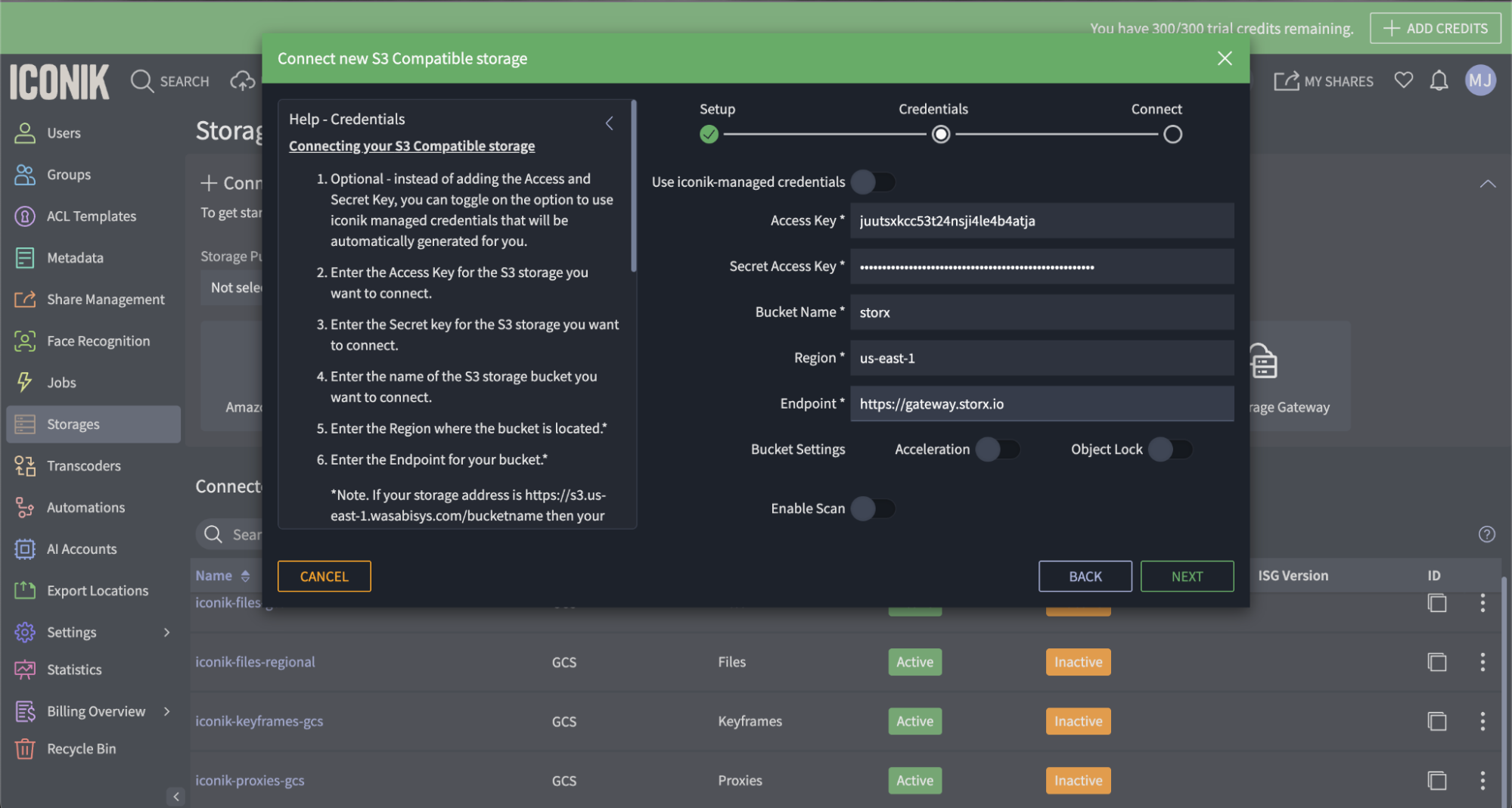 Enter StorX credentials in iconik