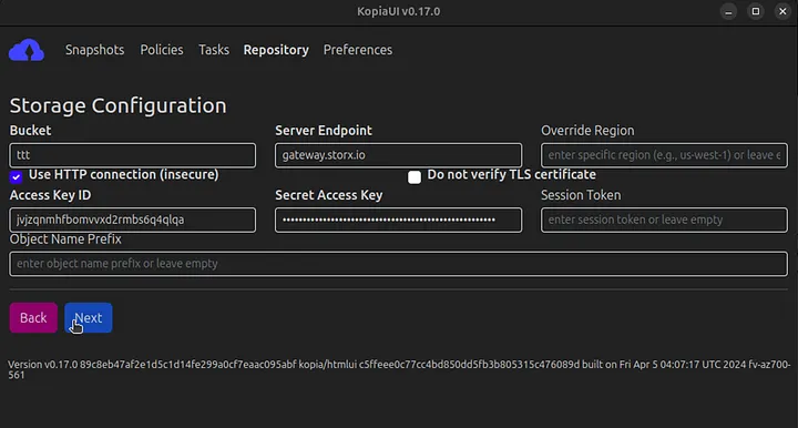 Enter credentials in Kopia
