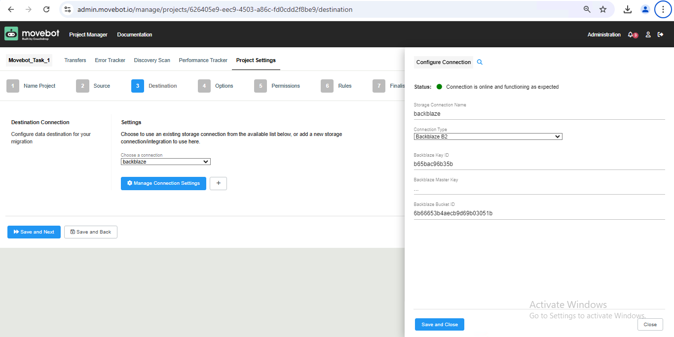 Configure destination