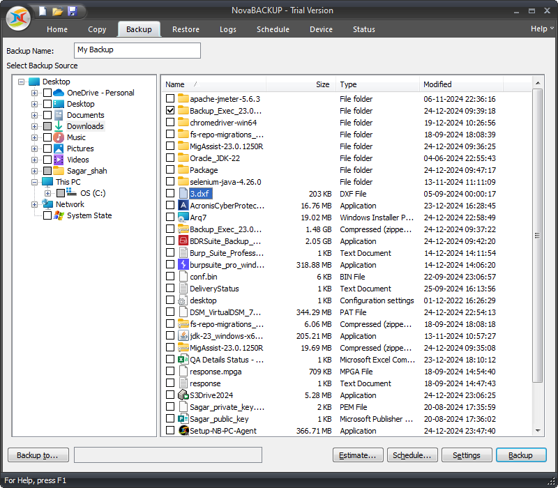 Select backup content