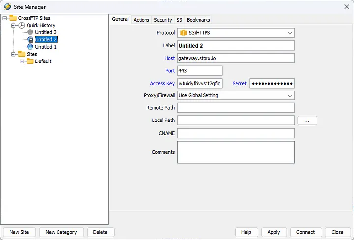 Enter credentials in CrossFTP