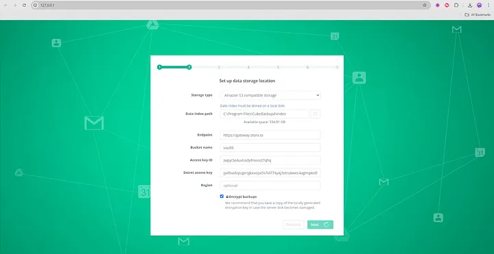 Enter StorX credentials in CubeBackup