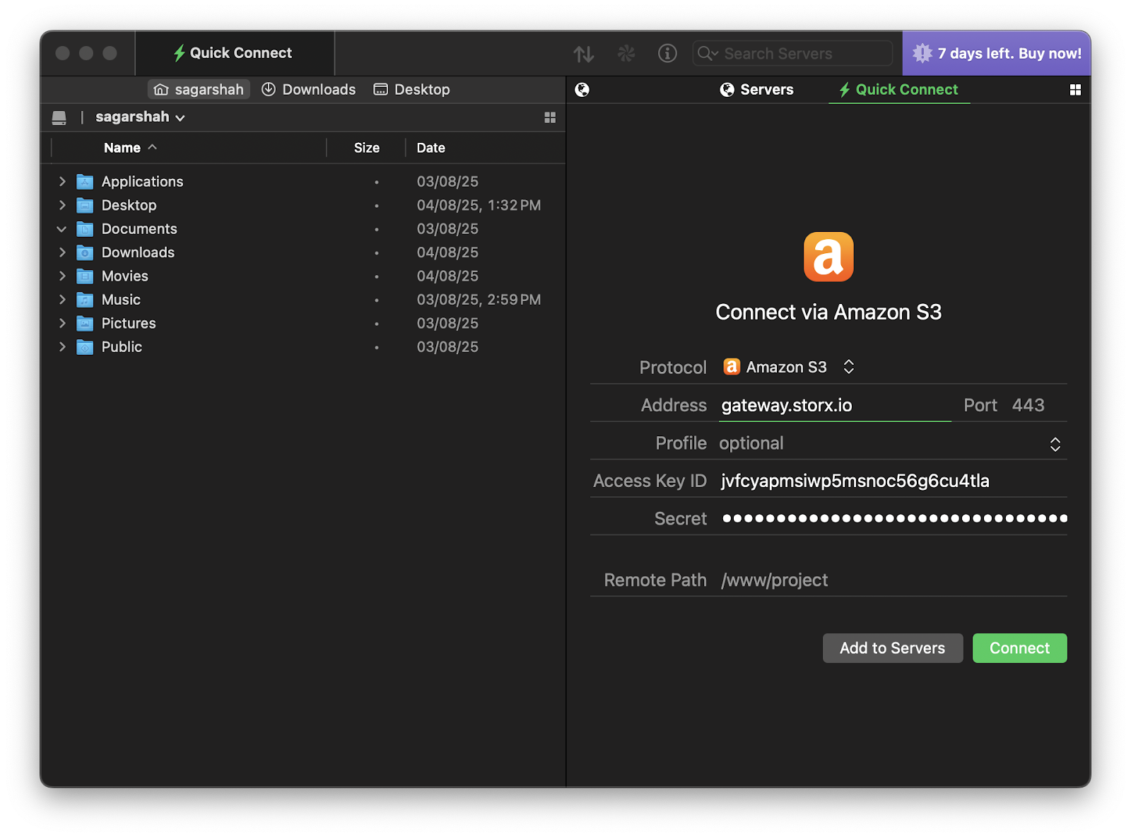 Transmit connection settings with StorX credentials